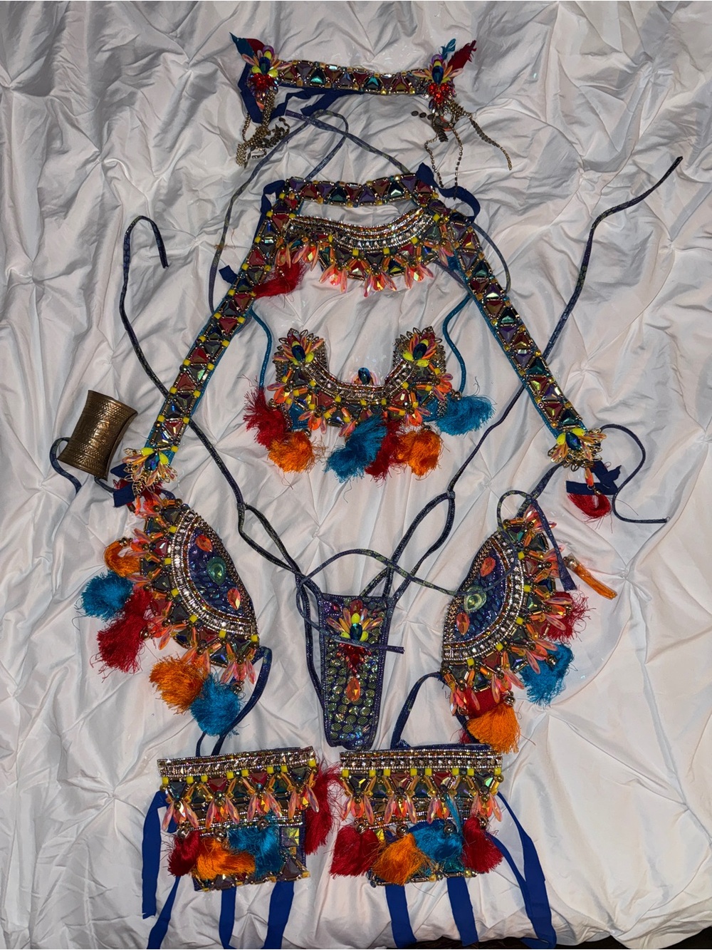 Blue Jewelled Orange Gem Embellished Crystal Carnival Costume Festival Tassels - Picture 5 of 9